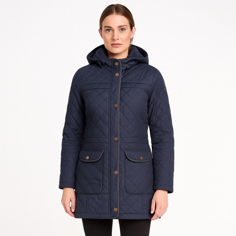 🖤 French Connection Quilted Hooded Jacket | Women’s XS | Navy Longline Parka
